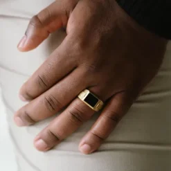 Anillo Hudson con piedras preciosas de ónix negro y baño de oro
