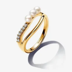 Anillo Perla Cultivada de Agua Dulce y Doble Banda Forma Orgánica Pandora - 163258C01