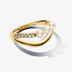 Anillo Perla Cultivada de Agua Dulce y Doble Banda Forma Orgánica Pandora - 163258C01
