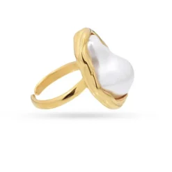 Anillo Perla Oval Barroca Acero Dorado