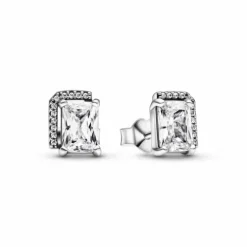 Pandora Pendientes Botón Halo Rectangular Brillante