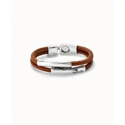 Pulsera doble cuero camel con dos tubos bañada en plata de ley
